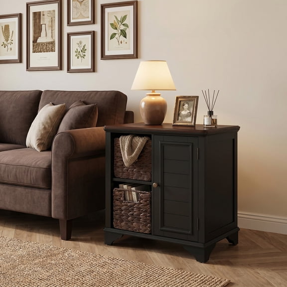 iooHug modern bedside table also serves as a side table and comes with two woven grass baskets, suitable for both bedrooms and living rooms.(Black)