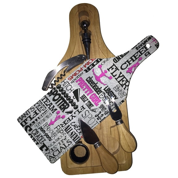 KuzmarK Wine & Cheese Glass Cutting Board Wood Box Gift Set - Cheerleader Cheer