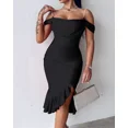 thumbnail image 6 of CHICME Womens Dresses Pearls Strap Off Shoulder Ruffle Hem Bodycon Midi Party Dress Black-XL, 6 of 8