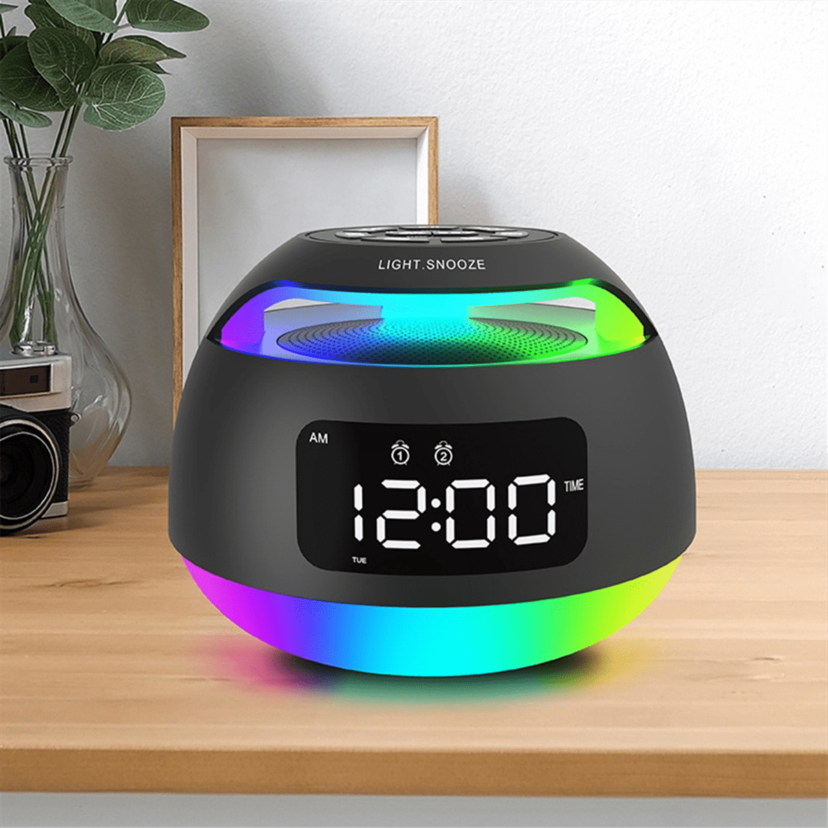 Portable LED Alarm Clock Radio  ColorfulLight Radio Receiver Wireless Bluetooth Speaker with DualAlarm Clock Snooze,B