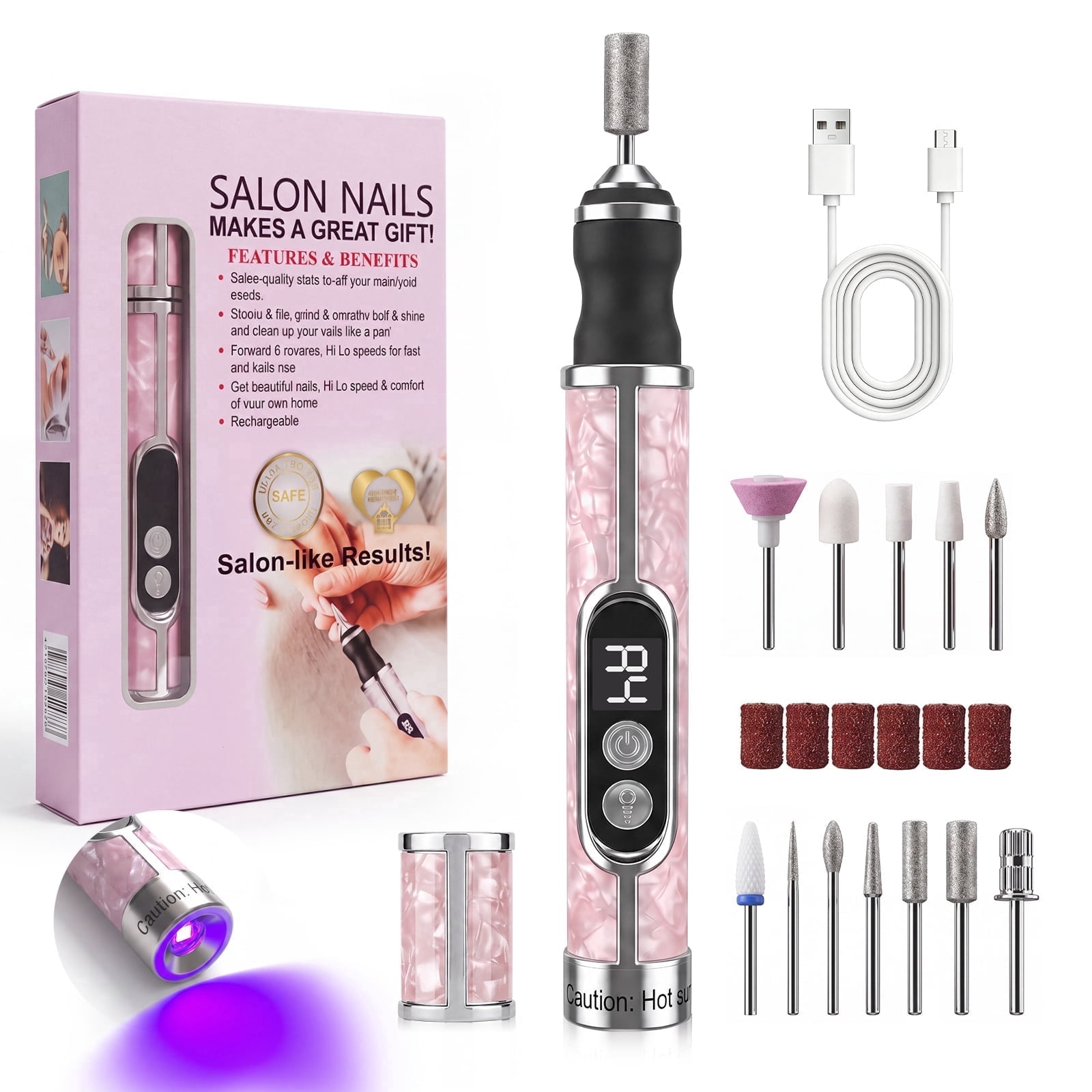 Cordless Electric Nail Drill Kit, Portable Rechargeable Manicure Pedicure Nail File Machine with Nails Lamp & 5 Adjustable Speed, Salon & Home Use for Acrylic, Gel Nails & Cuticle Care