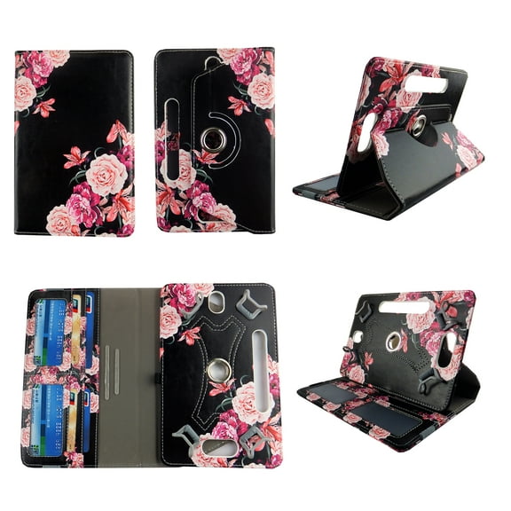 Pk Butterfly Flower for Surf Onn 7.0 Andriod 7-inch Tablet Case Universal Android Cases 360 Rotating Folio Stand Protector Pu Leather Cover Travel e-reader Card Cash Slots Multiple Viewing Angles
