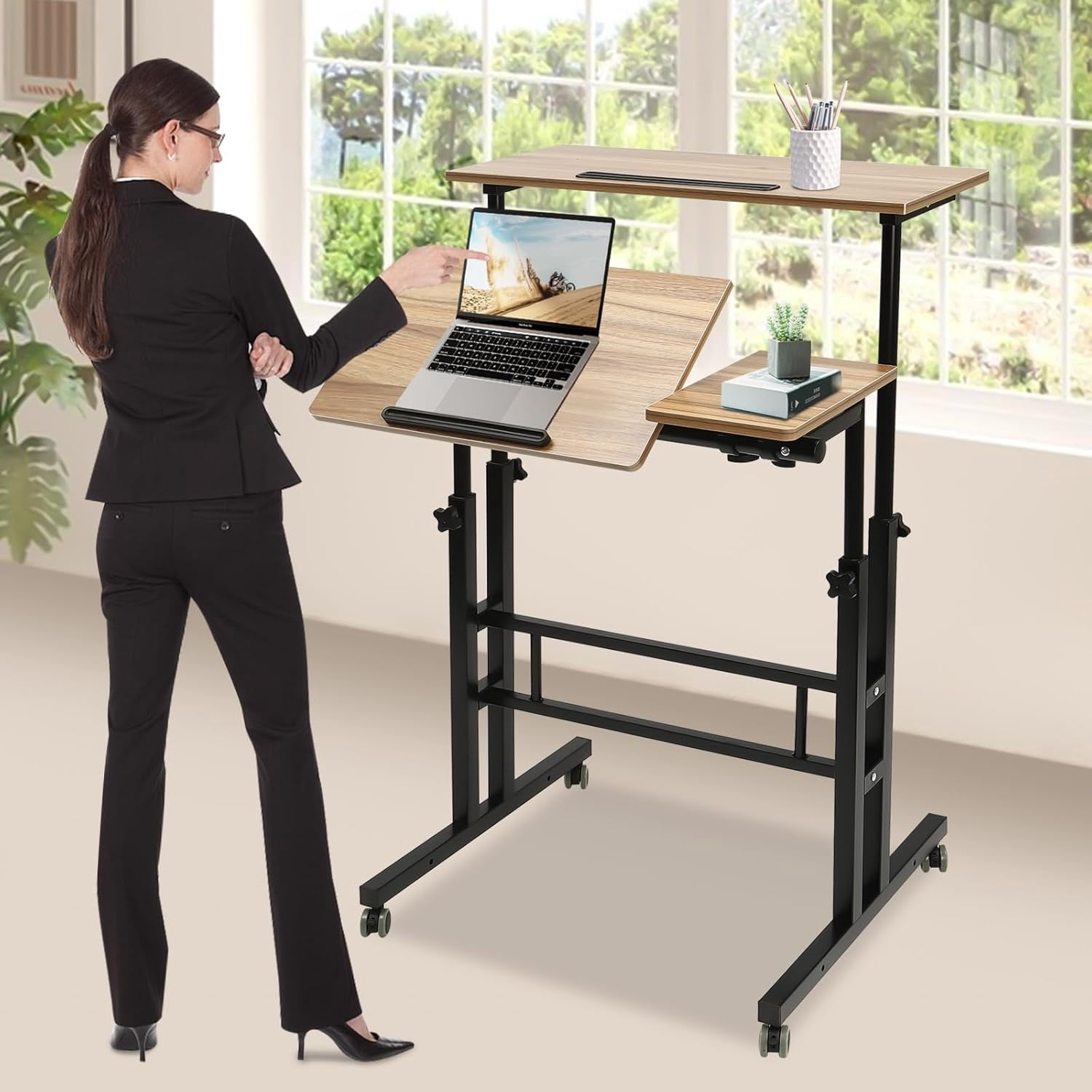 Mobile Stand Up Desk Adjustable Laptop Desk with Wheels Storage Rolling Table Cart for Standing or Sitting, for Home Office Workstation, Iron-Brown, 28.5-49.5in