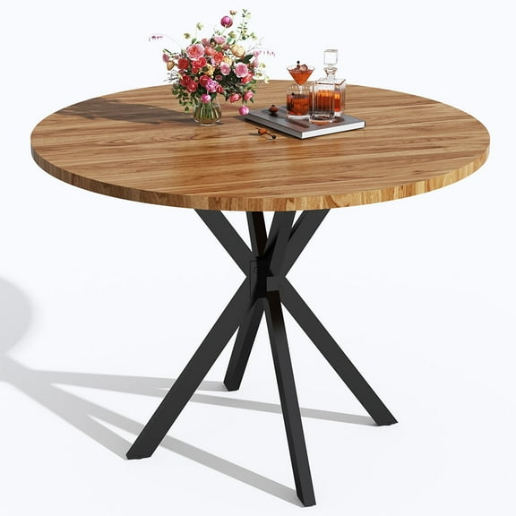 LinkRomat Round Dining Table, 39" Wood Mid-Century Dining Table with 1.18" Thick Top & Black Metal Legs for 4–5 People, Walnut