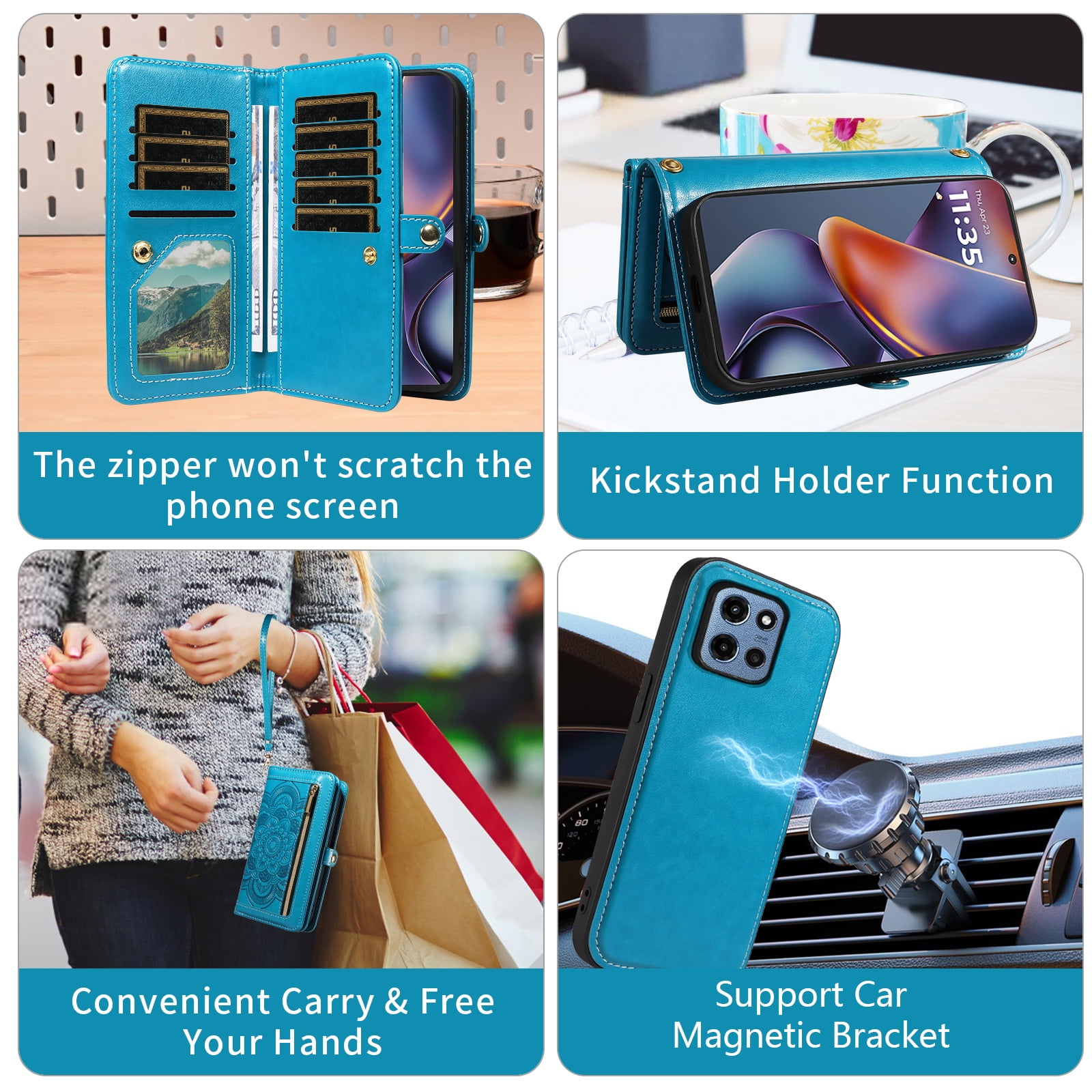 Asuwish Phone Case for Motorola Moto G 5G 2025 Zipper Wallet Detachable Cell Cover with Tempered Glass Screen Protector Crossbody Lanyard Strap Flower Flip Card Holder G5G 5 G G5 Women Men Girls Blue
