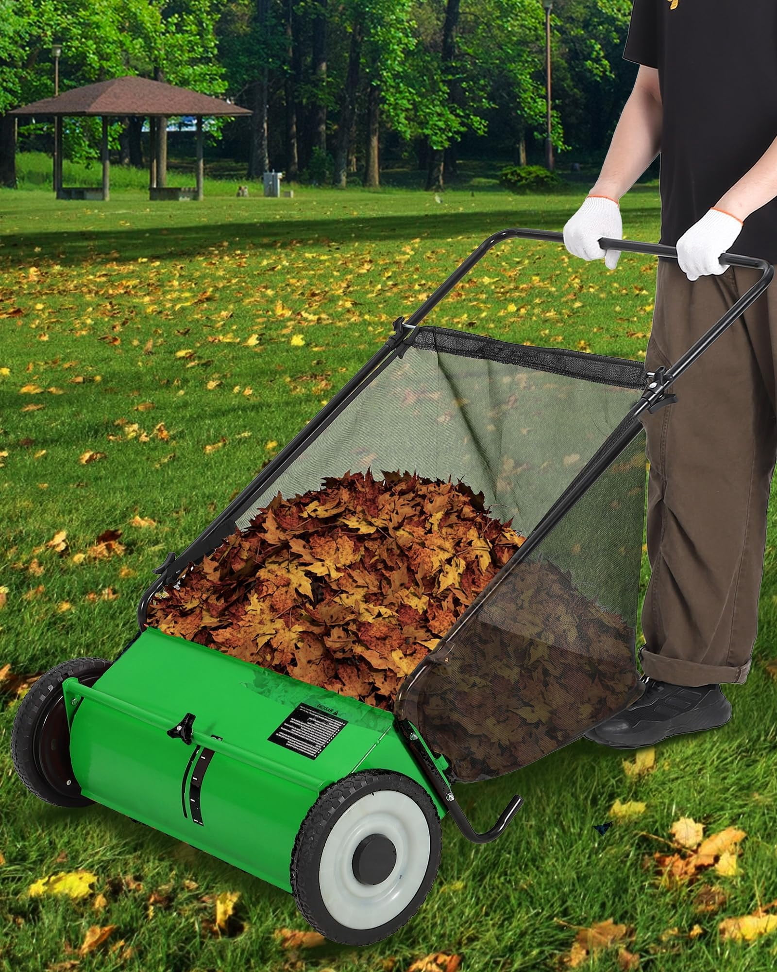 BouPower 26 in Push Lawn Sweeper – 4 Spinning Brushes, 7 Cu. Ft. Large Capacity Collection Bag, Adjustable Height, Durable Steel Frame with Rubber Wheels, for Grass, Leaves & Debris on All Terrains