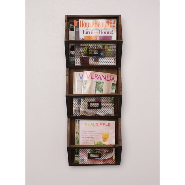 Kate and Laurel Burdock Rustic Wood and Metal Wall Vertical Storage Pockets, Brown