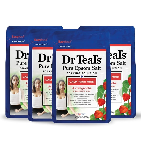 Dr Teal's Sel de Magnésium Pur Epsom Trempage Ashwagandha & Huiles Essentielles 3 lbs (Lot de 4)