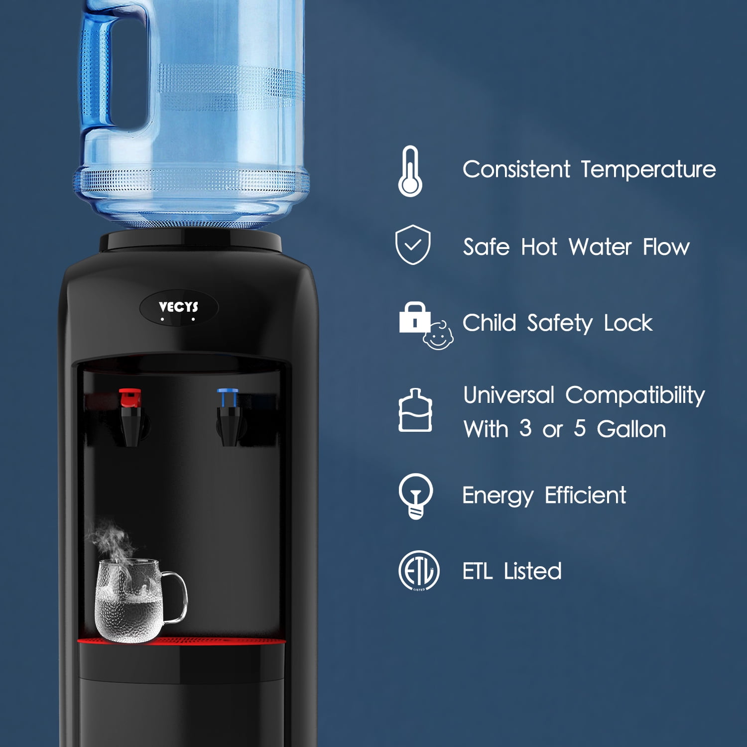 VECYS 3 5 gal Hot & Cold Water Cooler, Child Safety Lock, Steel Water Tank
