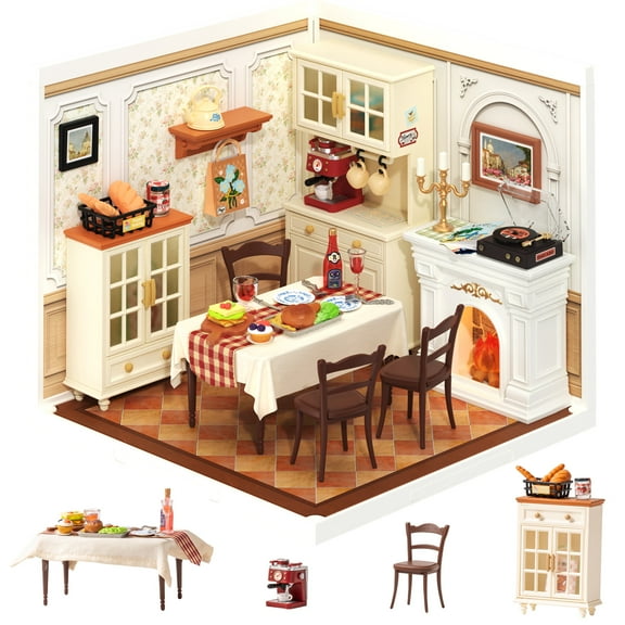ROBOTIME DIY Miniature Dollhouse Super Creator-Warm Dining Room Plastic Building Set Toys Playset Gifts for Teens Adults