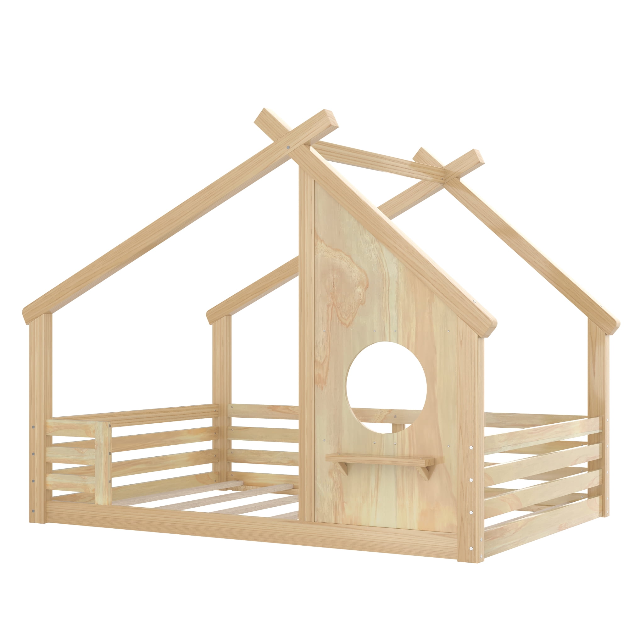 Jopath Full Size House Floor Bed with Window and a Small Shelf, Solid Wood Floor Bed with House-shaped Roof for Boys Girls Natural