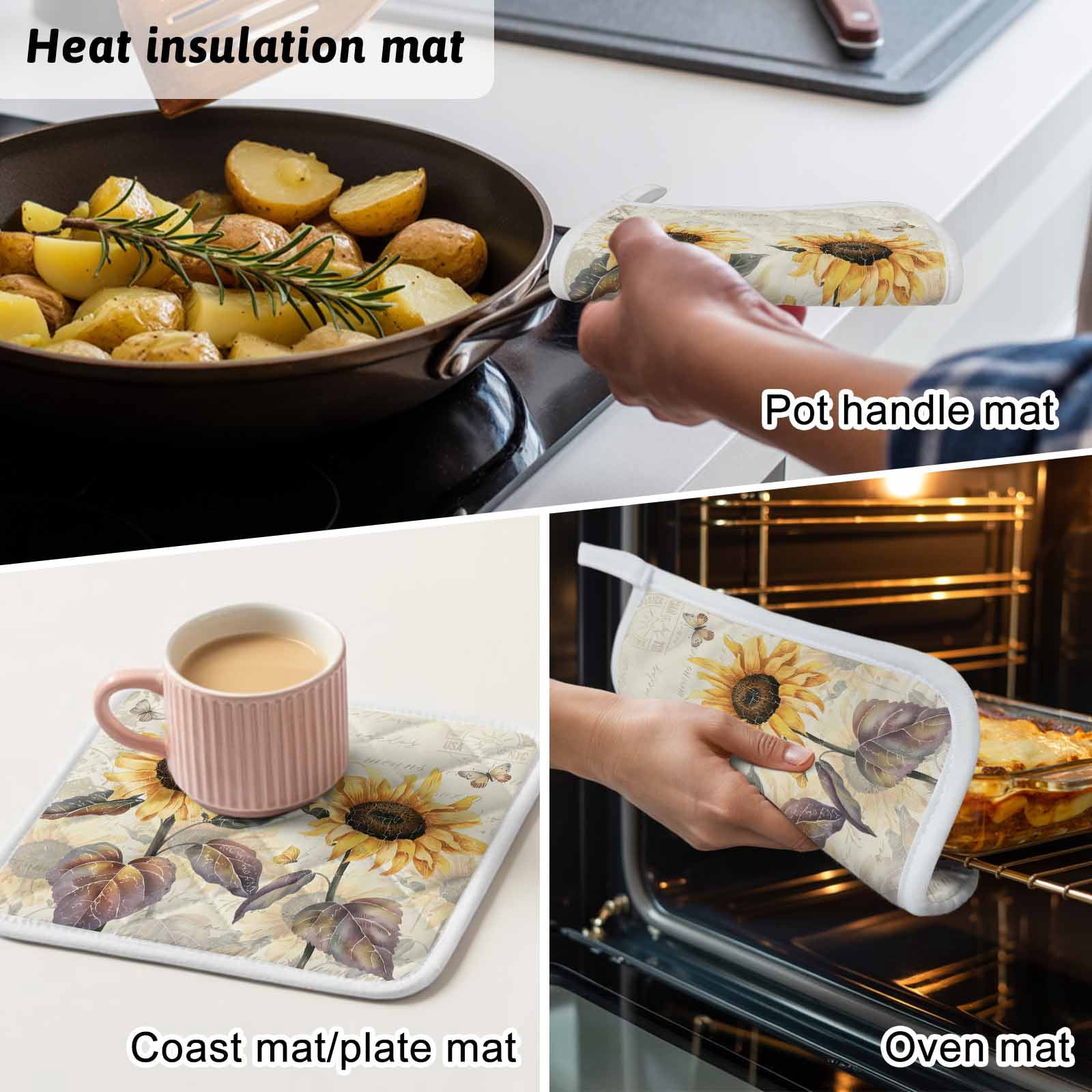 Sunflower Pot Holders for Kitchen Heatproof Potholder, 3 Pack Yellow Summer Botanical Floral Farmhouse Hot Pads Multipurpose Oven Pads Cloth Potholders Trivet for Cooking Baking