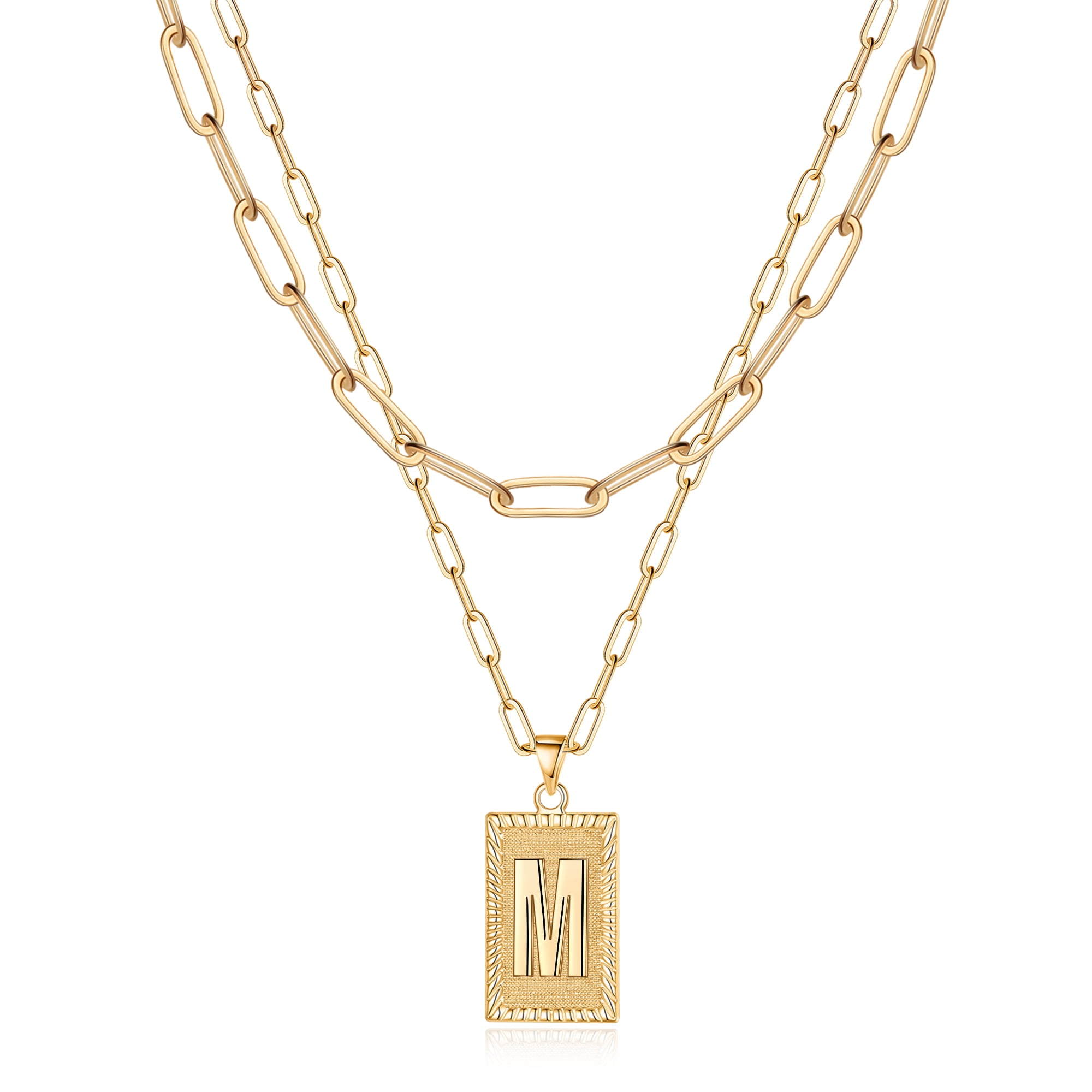 Dainty Layered Initial Necklace Set For Women - 14K Gold Plated Paperclip Chains With Hexagon Letter Pendant, Brass, 16" + 14" - View #6