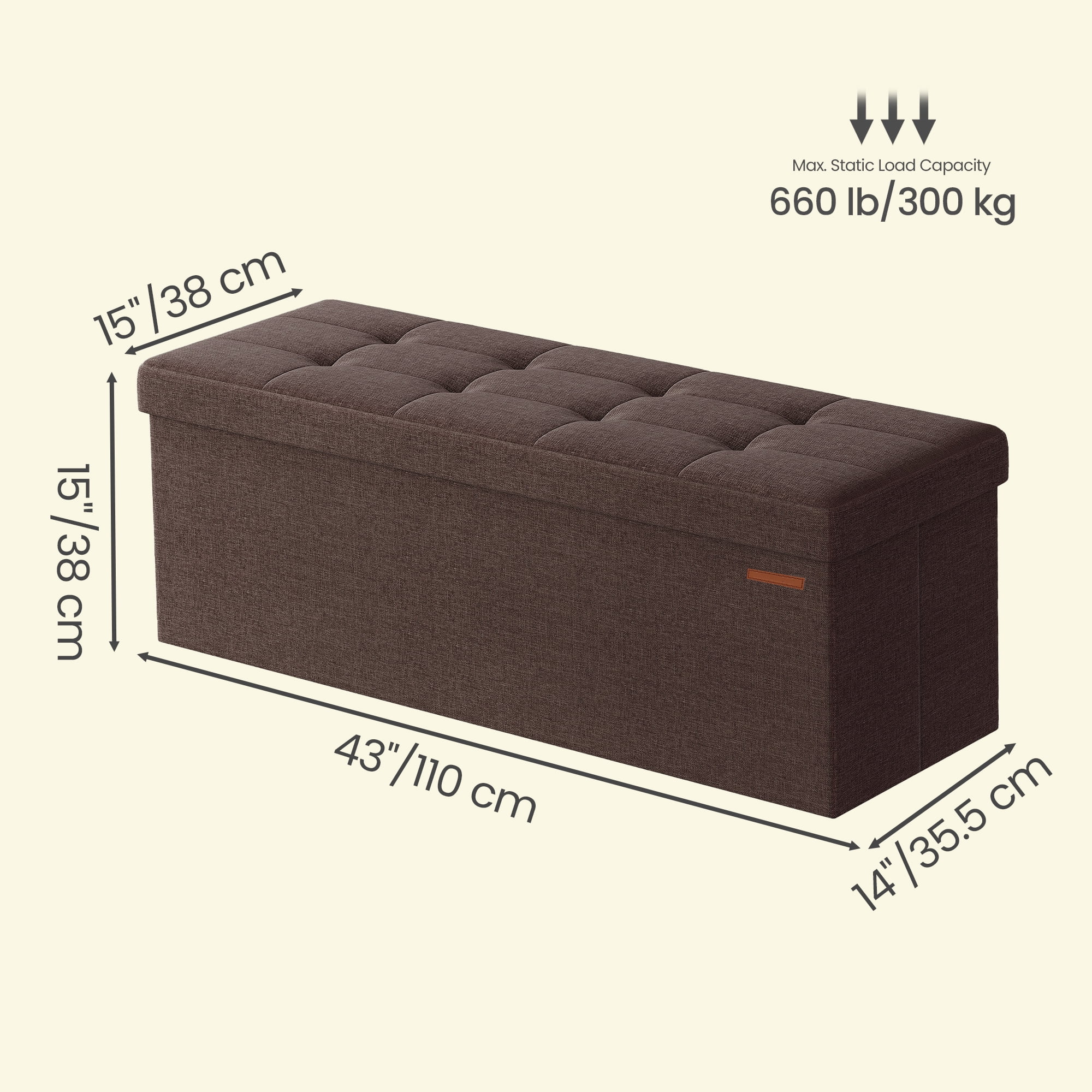 Ledrem Brown Foldable Storage Ottoman Bench with 660lb Capacity