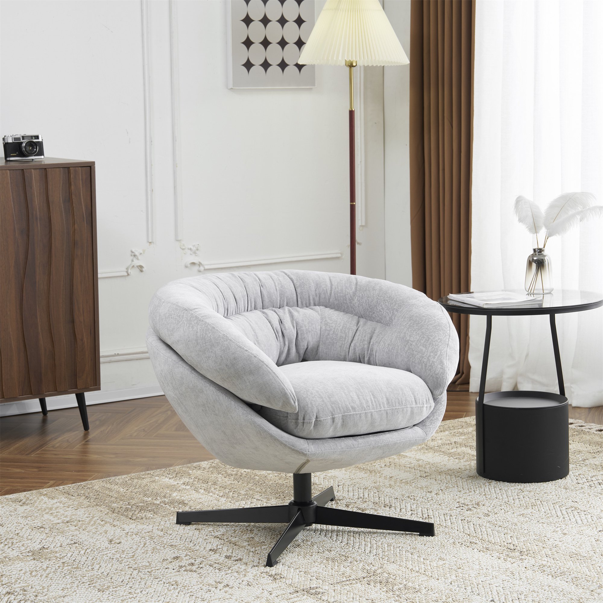 EUROCO 33  Ergonomic Chenille Swivel Chair Cotton Accent Chair with Soft Thick Removable Cushion and Metal Base 360 Degree Swivel for Living  Bedroom  Reading Room Gray
