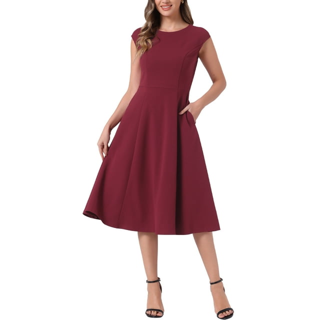INSPIRE CHIC Vestido de Trabajo para Mujeres con Mangas Cortas, Elegante, Cintura Ceñida, Vestidos en A Línea, Color Burdeos
