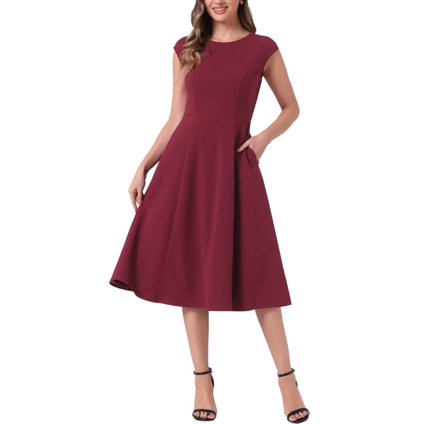 INSPIRE CHIC Vestido de Trabajo para Mujeres con Mangas Cortas, Elegante, Cintura Ceñida, Vestidos en A Línea, Color Burdeos