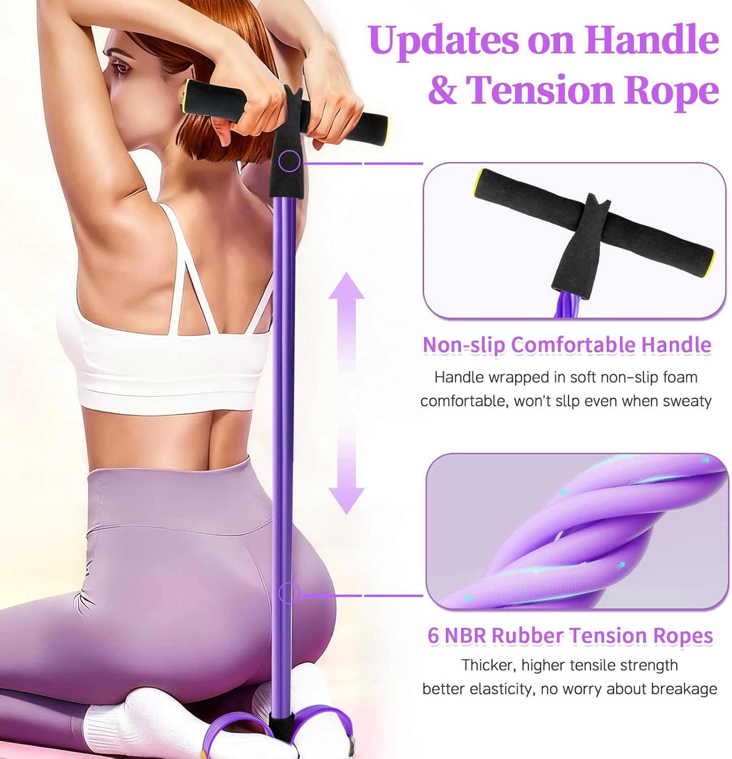 Upgrade 6-Tube Pedal Resistance Bands with Handles - Natural Rubber Manual Tension Trainer for Abdomen Waist Arm Leg(LR  Pink+Purple 1 Pair)