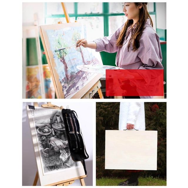 facefd Wood Drawing Board Easel Outdoor Painting Sketching Art Craft Workstation. A versatile wooden drawing board with a smooth surface, measuring approximately 45 x 30 x 0.8 cm (17.71 x 11.81 x 0.31 inches). Suitable for use as a tabletop or easel for painting, sketching, or crafting. Ideal for students, kids, and amateur artists. The image shows the board being used for painting and sketching, with a person carrying it outdoors.