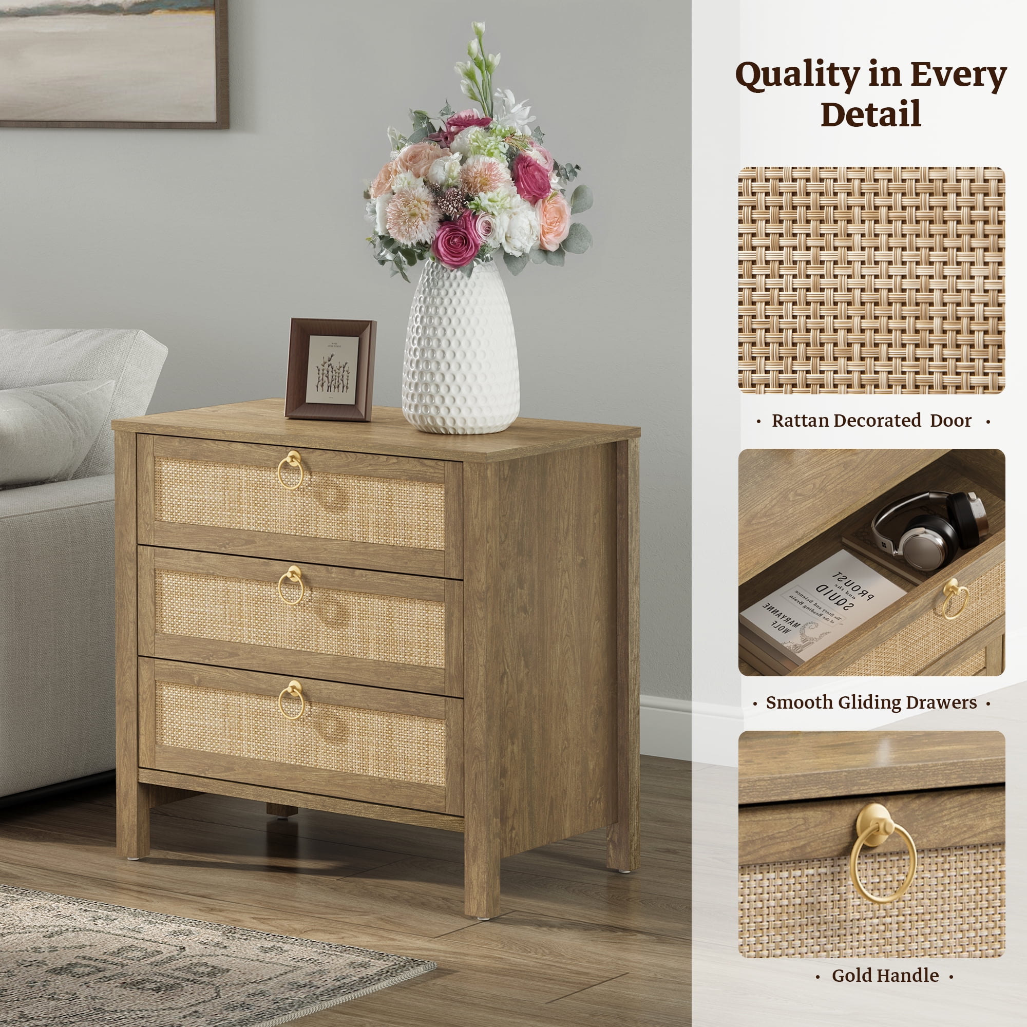 SICOTAS 26.78"W Boho Night Stands Set of 2 for Narrow Spaces, 25.67" Tall Rattan Nightstands with 3 Drawers , Large Bedside Table Wood End Table for Bedroom Living Room Hallway,Cherry Oak