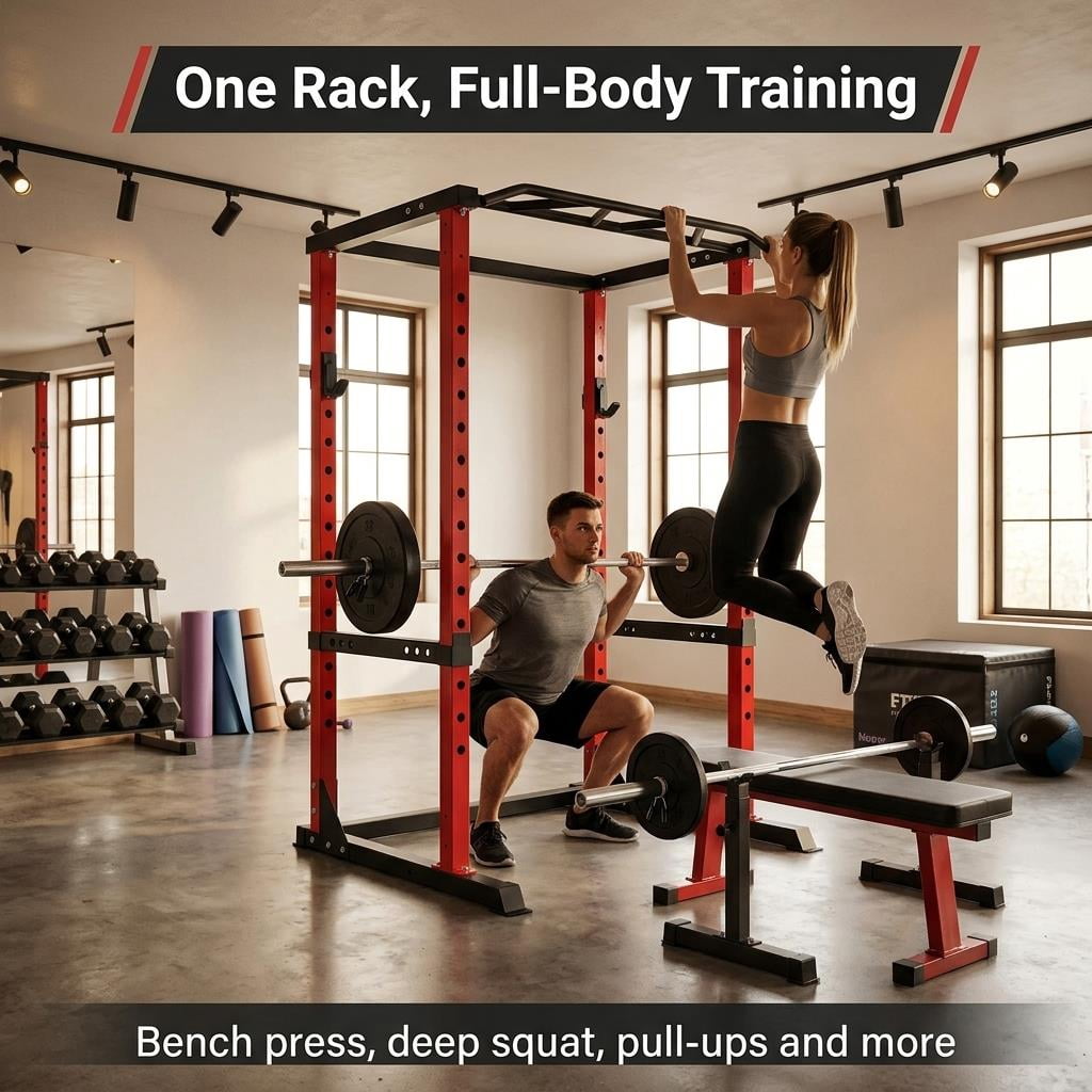 Tanfengu 1200LBSAdjustable Power Cage Squat Rack, 14-Level Height Power Rack with Safety Bars, for Home Gym Bench Press & Strength Training