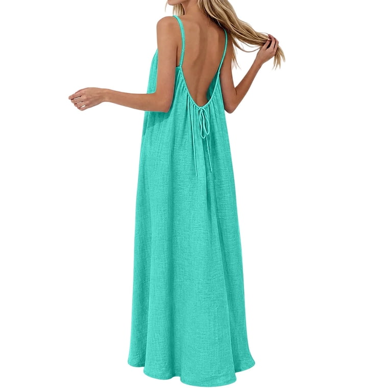 Wsysadlol Under $20 Womens Summer Dresses Women Casual Loose Sleeveless Open Back Maxi Dress Spaghetti Strap Cotton Linen Long Loungewear Robe 