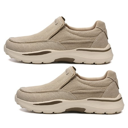 Quickwittc Men s Slip On Loafers  Arch Support Boat Shoes for Plantar Fasciitis  Canvas Leisure Vintage Flat Walking Orthopedic Shoes for Extra Cushioning and Pain Relief Khaki