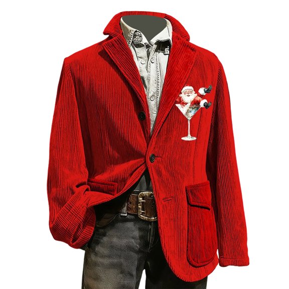 KHONTS Christmas Blazer for Men Corduroy Xmas Graphic Suit Jackets Lapel Button down Blazers for Dinner Party 2025 01-Red L