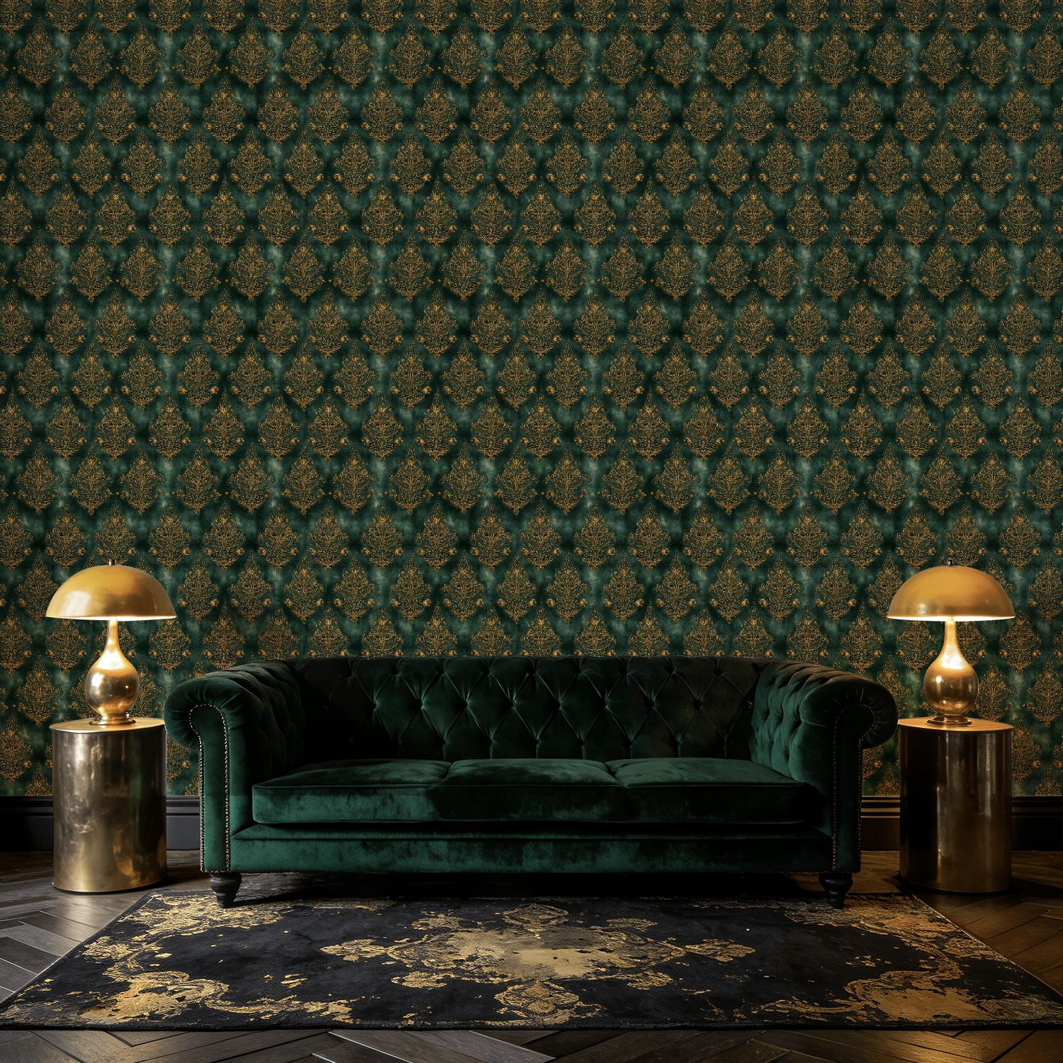 Peel and Stick Wallpaper Baroque Elegant Vintage Gold Floral Damask Dark Green Wall Mural 17.7in x 9.8ft Self Adhesive Removable Wall Paper Renter Friendly Wallpaper for Nursery Bedroom Cabinets