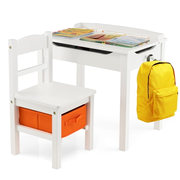 Gymax Kids Table and Chair Set Wood Activity Study Desk w/ Storage Drawer Hook White
