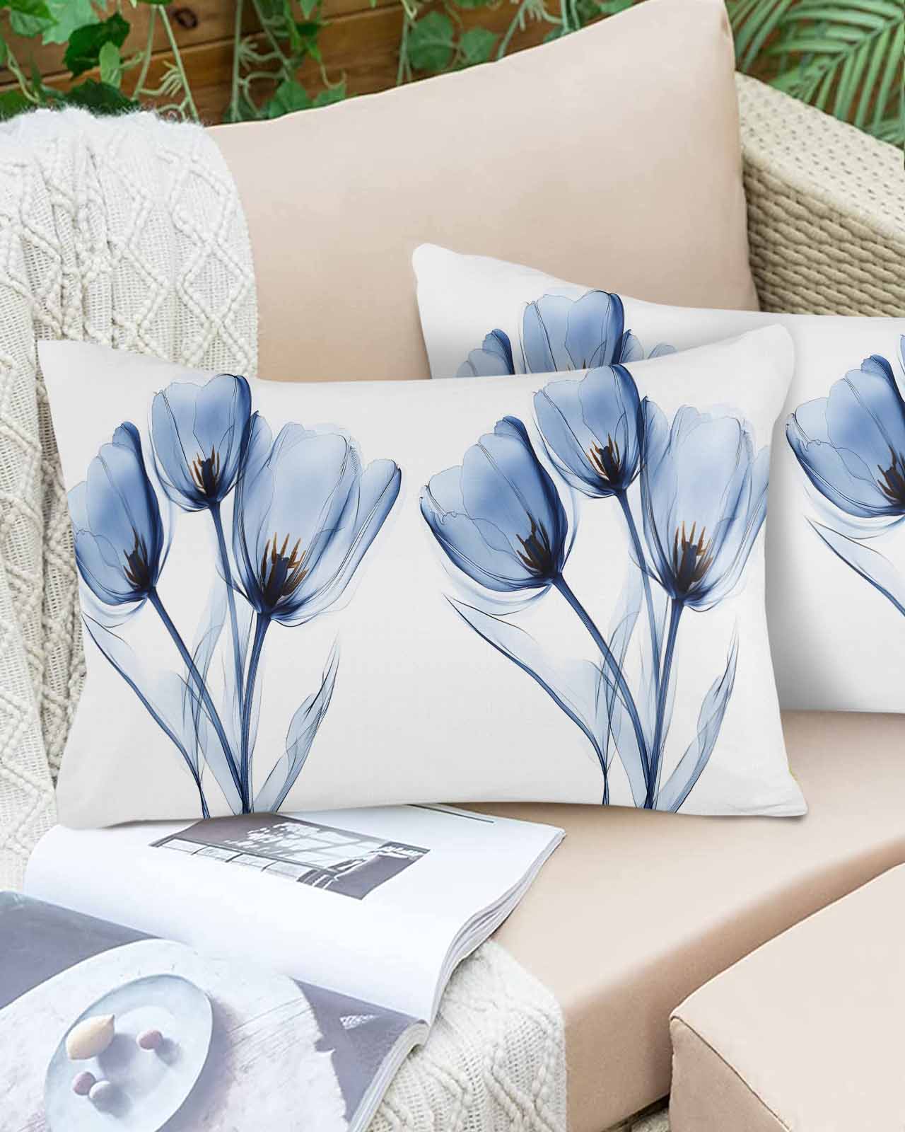 Blue Flowers Throw Pillow Cover 20 x 36 Inch Decorative Pillow Cover Simple Gradient Tulip Floral Branches Lumbar Pillowcase Seasonal Rectangle Cushion Case for Couch Sofa Bed Living Room