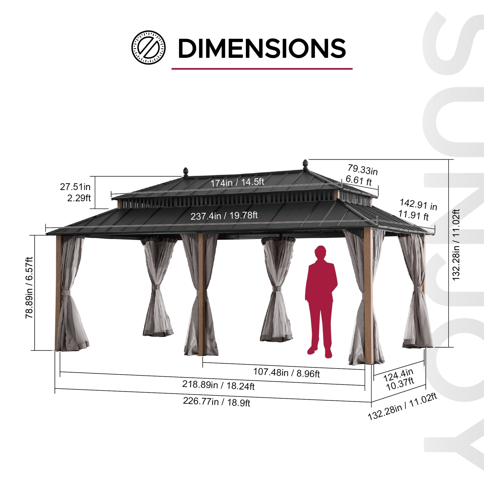 Sunjoy 20x12 Outdoor Gazebo, Steel Hardtop Clearance Gazebo with Curtain and Netting ,Kingston Series
