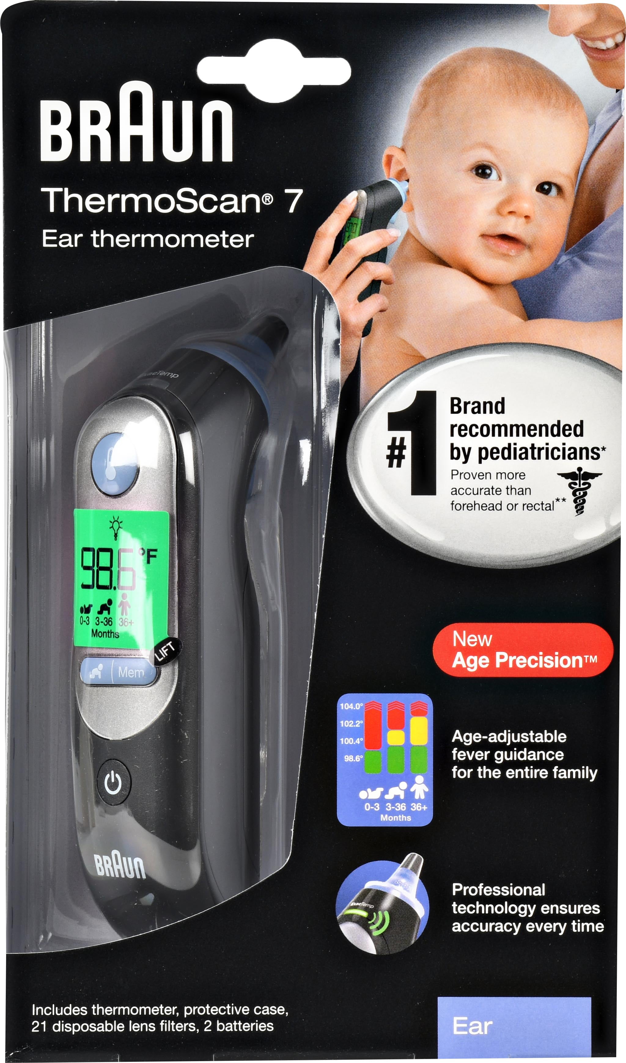 accurate, convenient, temperature screening, fever, fast, easy to use Braun ThermoScan 7 Ear thermometer with Age Precision IRT6520 Free HealthAZ Pulse Oximeter