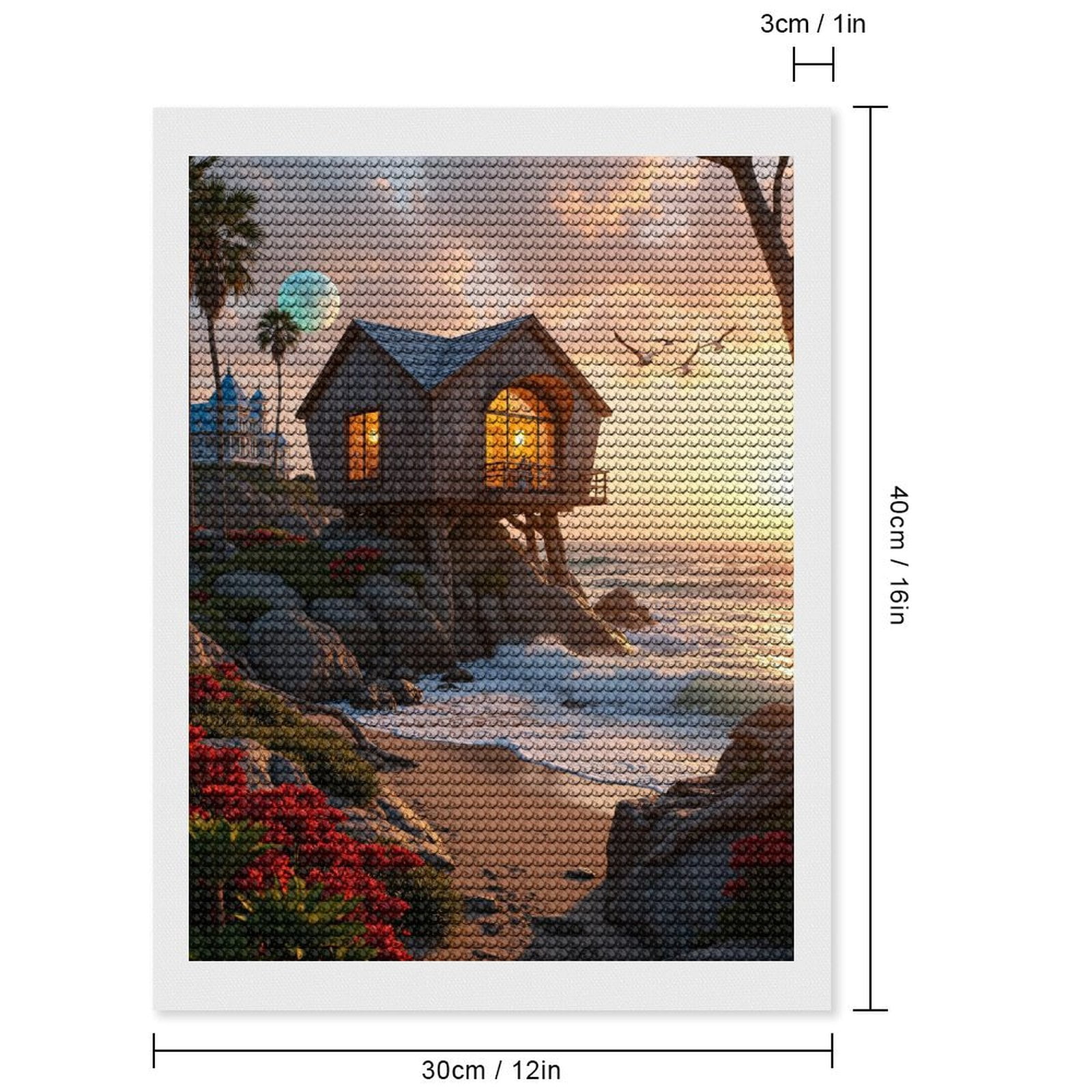 Diamond Art Kits for Adults, Coastal Cabin Sunset Ocean Moon 5D Diamond Painting Kits for Adults Beginners, DIY Full Drill Diamond Painting, Gem Art and Crafts 12x16