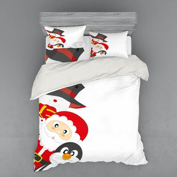 Ambesonne Christmas Bedding Set 4 Pcs, Happy Santa Penguin, Queen, Charcoal Grey Red White