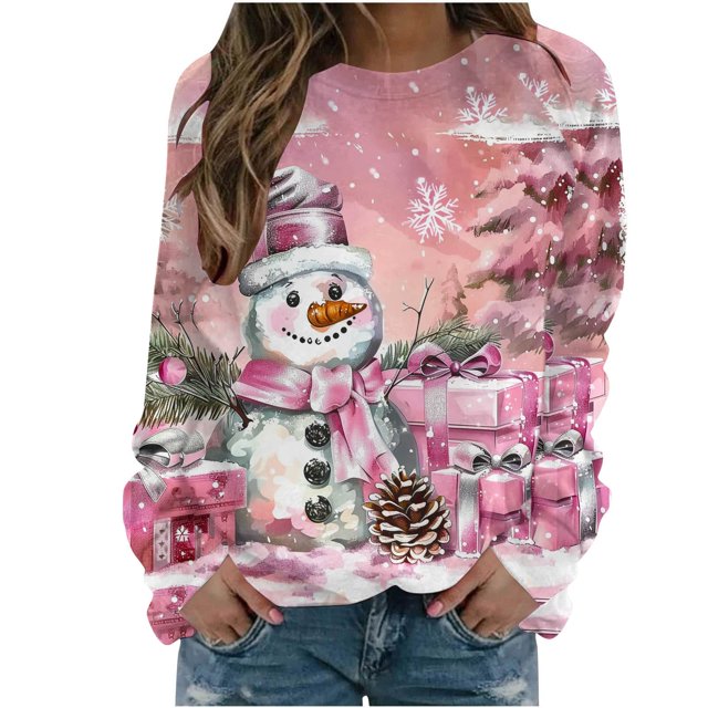 Staron Chandails de Noël Laids pour Femmes Chemise Décontractée Chandail à Manches Longues Hauts de Noël Col Rond Blouse Drôle Bonhomme de Neige Graphique Chandails Mode Cadeaux de Noël pour Maman