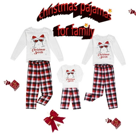 

Pudcoco Family Pajamas Sets White Long Sleeve Plaid and Letters Printed Pattern Tops and Pants Christmas Parent-child Nightwear