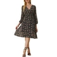 thumbnail image 2 of INSPIRE CHIC Women's Boho Floral V Neck Bishop Sleeve Below The Keen Wrap Dress XL Black, 2 of 6