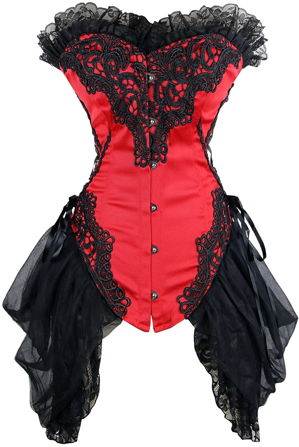 Womens Bustier Corset Top Gothic Lace Up Body Shaper Floral Overbust with Ruffled Sleeves Lace Bodysuits Lolita Style