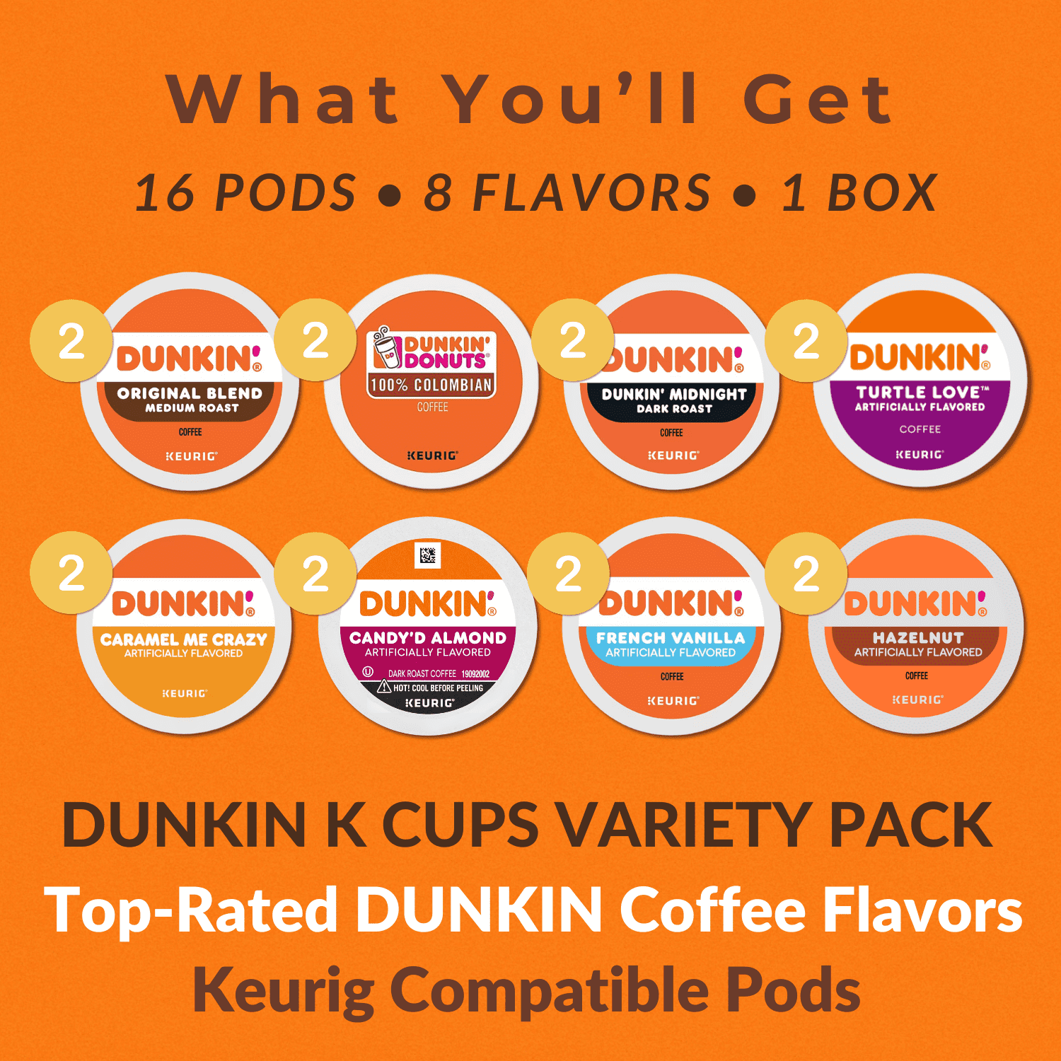 Dunkin K Pods Variety Pack – Original, 100% Colombian, Midnight Dark Roast, Cinnamania, Caramel Me Crazy, Candy’d Almond, French Vanilla, Hazelnut – 16pcs 8 Flavors Coffee Gift Box, Keurig Compatible