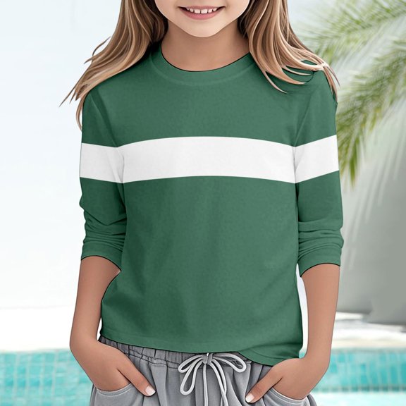 Uobin Kids Crew Neck Color‑Block Long Sleeve T‑Shirt, Contrast Stripe Casual Pullover Top for Boys Girls 3‑14 Years Old