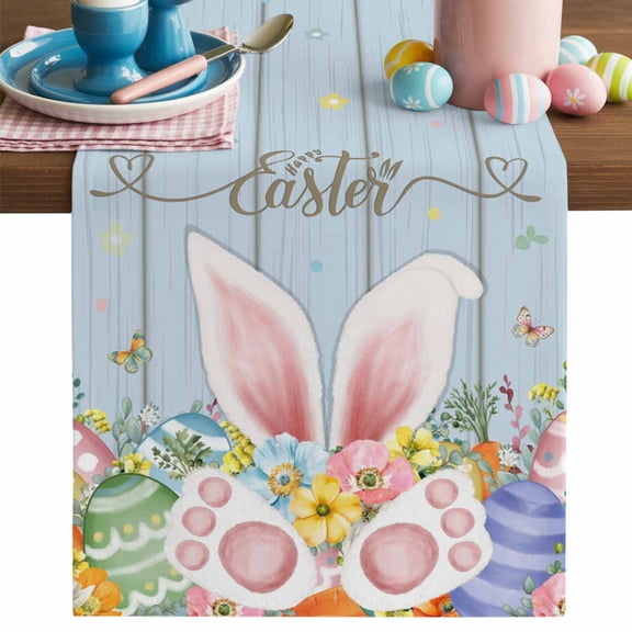 Happy Easter Table Runner, Spring Rabbit Ears Eggs Floral Blue Wood Grain Cotton Linen Kitchen Table Decoration Washable Dining Tabletop Runners for Home Party Decor 13x36 Inches