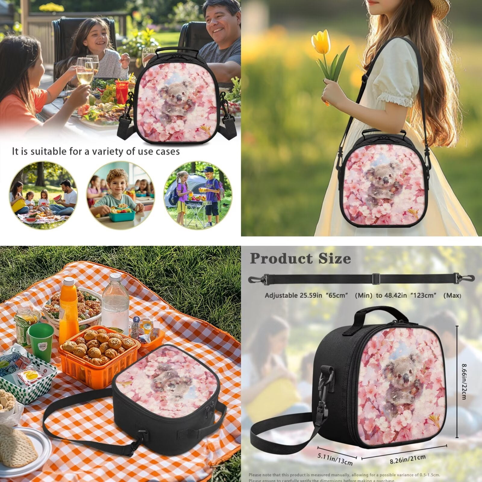 Pzuqiu Cherry Blossom Koala Kids Backpack School Bag Set with Lunch Box Pencil Case Water Bottle Bag 5 Piece Bookbags with Adjustable Shoulder Strap for Girls Teens