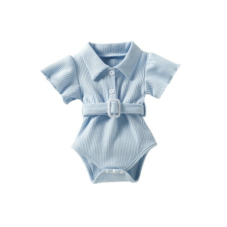 

Bagilaanoe Newborn Baby Girl Romper Button Onesie Turn Down Collar Ruffle Short Sleeve Knit Bodysuit with Belt 3M 6M 12M 18M 24M Summer Clothes