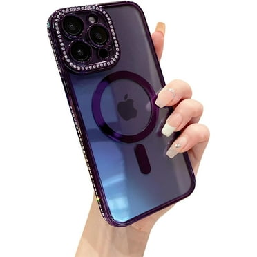 For iPhone 14 Pro Case Rhinestone Around Camera & Bumper Clear Luxury Electroplated [Compatible with MagSafe] [Camera Lens Protector] Shockproof Protective Phone Case Cover 6.1 Inch - Purple