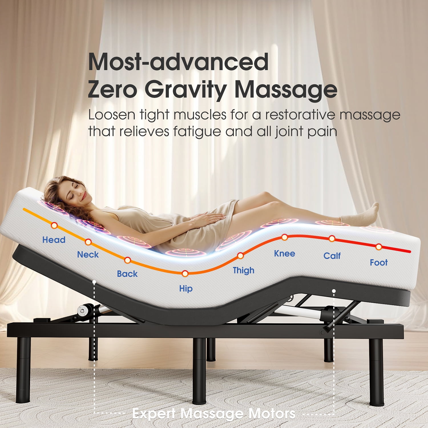 Queen Adjustable Bed Frame Base with Massage, Zero Gravity Ergonomic Electric Bed with Ultra-Quiet Motors, 4 USB Ports, Under-Bed Light, Wireless Remote, Fast Assembly, 3 Height Options