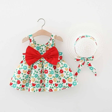 

TMOYZQ 12Months-4T Toddler Baby Girls Hawaiian Holiday Dress Sleeveless Tutu Sundress Birthday Party Princess Dress + Bow Straw Hat Infant Outfits Summer Clothes