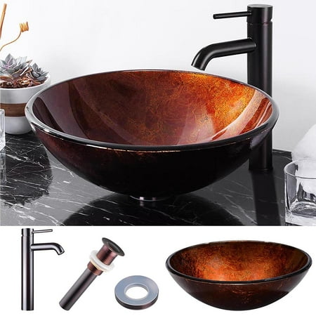Diameter Round Bar Sink (Aquaterior Retro Round Tempered Glass Vessel Sink P1 with ORB Faucet Mount Ring 1 1/2