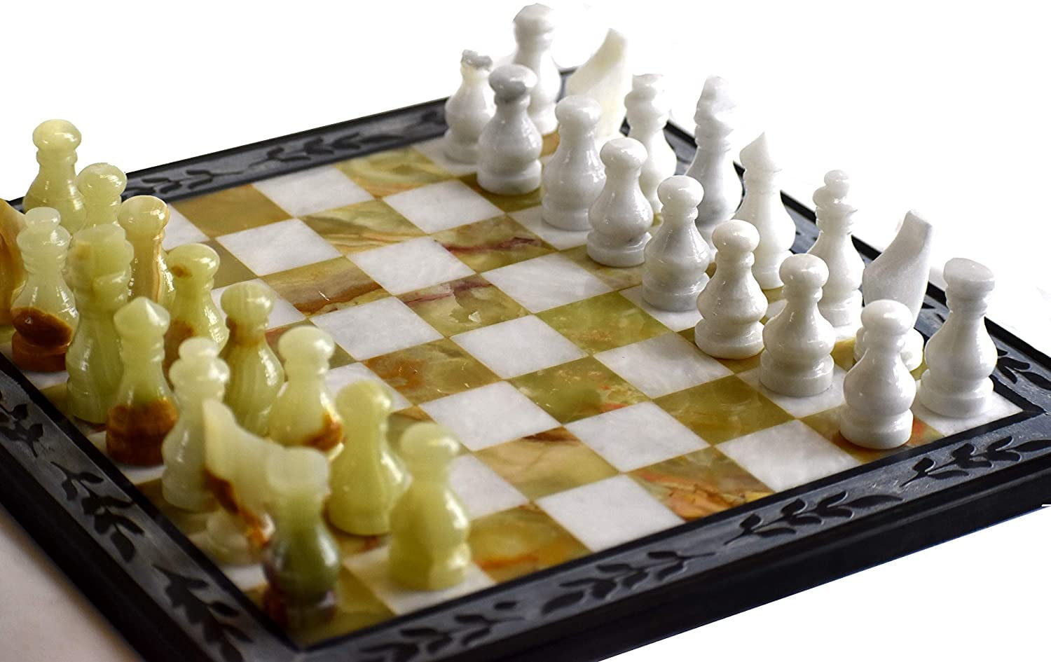 Intense Oud Handmade Classic Onyx Marble Chess Board Game Set - 12inch with  Blue Box