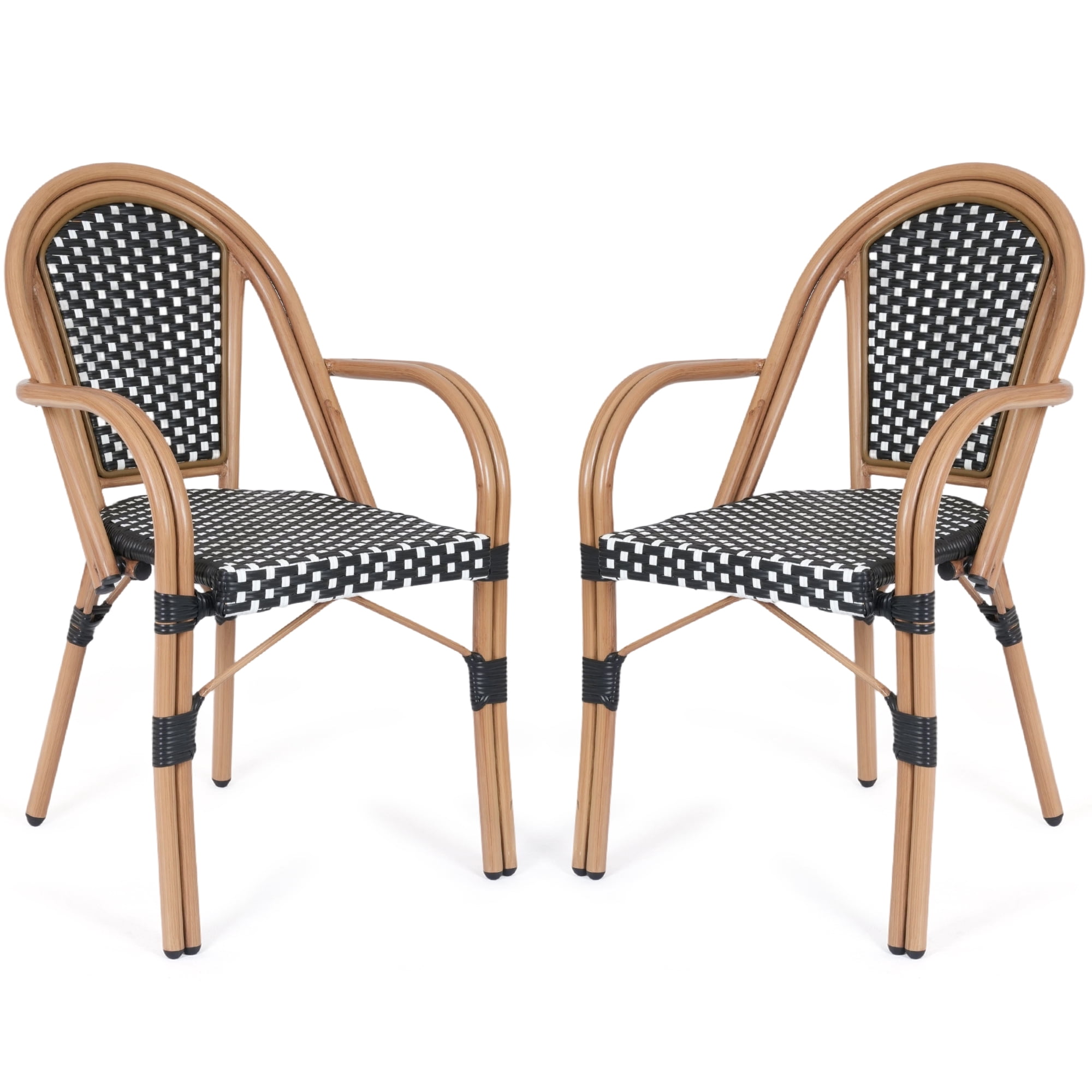 DELMANGO Metal & Faux Rattan Bistro Chairs, Stackable Patio Chairs, Outdoor Dining Armchairs, White/Black (Set of 2)